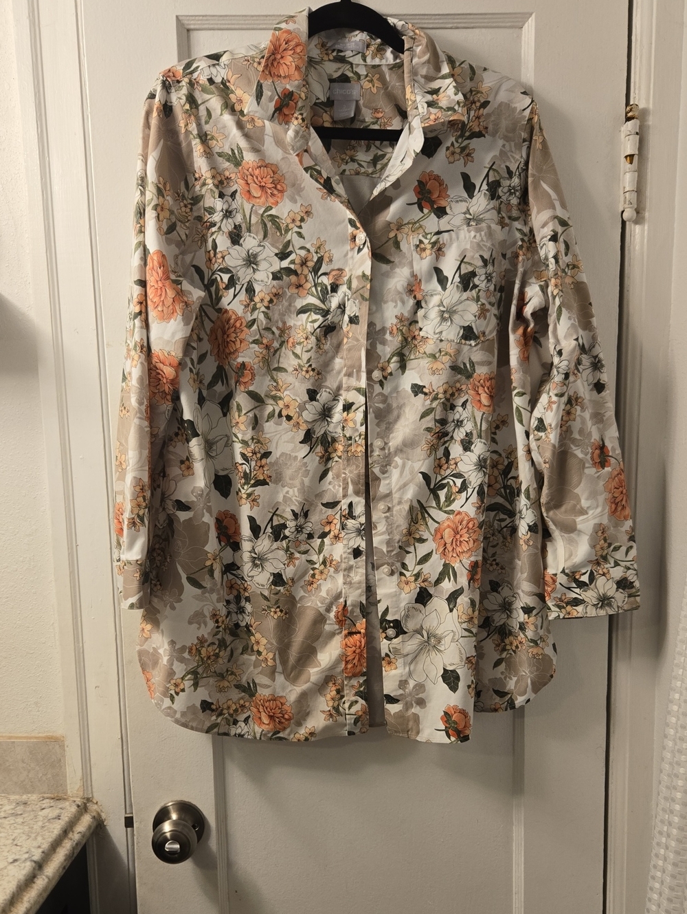Chico's Floral Button-Down Shirt in Cream and Orange